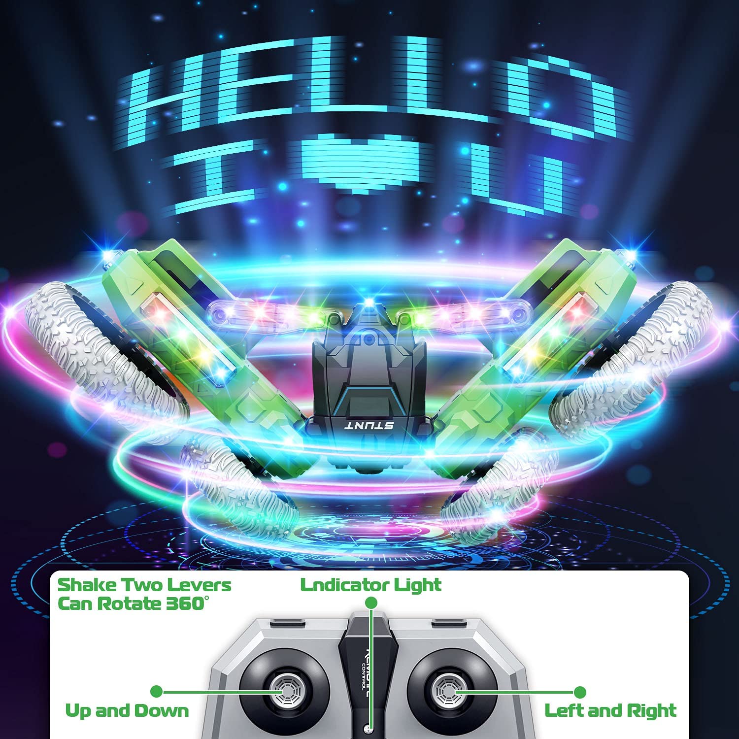 Light Up RC Stunt Car 4WD Remote Control Car 360 Flips Double-Sided Rotating Car Kids Indoor Outdoor Toys Gift Green