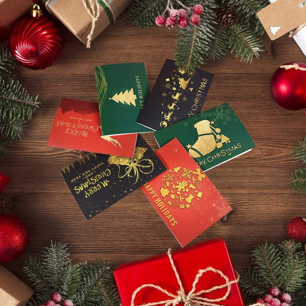 24pcs Premium Christmas Cards Xmas Cards 6 Styles Bulk Mixed Card Pack With Envelopes and Stickers - Gold