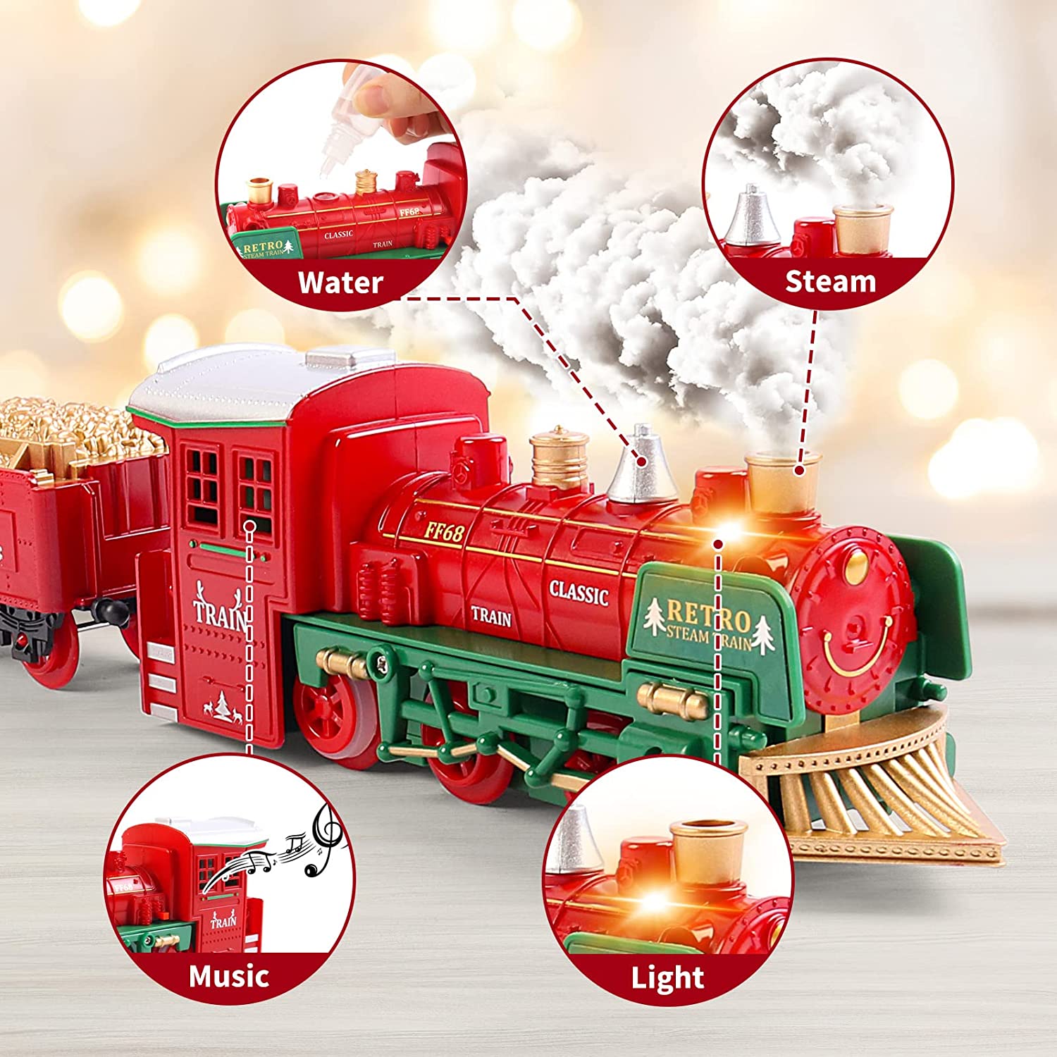 Christmas Steam Train Set for Kids with Light & Sounds Smoke Effect 13 Track Electric Train Set Great Accessory for Kids Gift