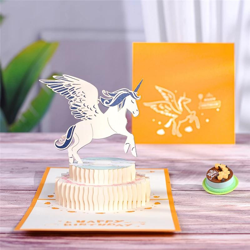 Magic Pop Up Birthday Card for Kids 3D Happy Greeting Unicorn Yellow 15x15cm with an envelope
