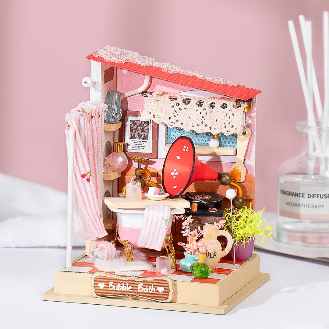 Robotime 3D DIY Wooden Puzzle Bubble bath Bathroom Miniature Dollhouse Kit DS018