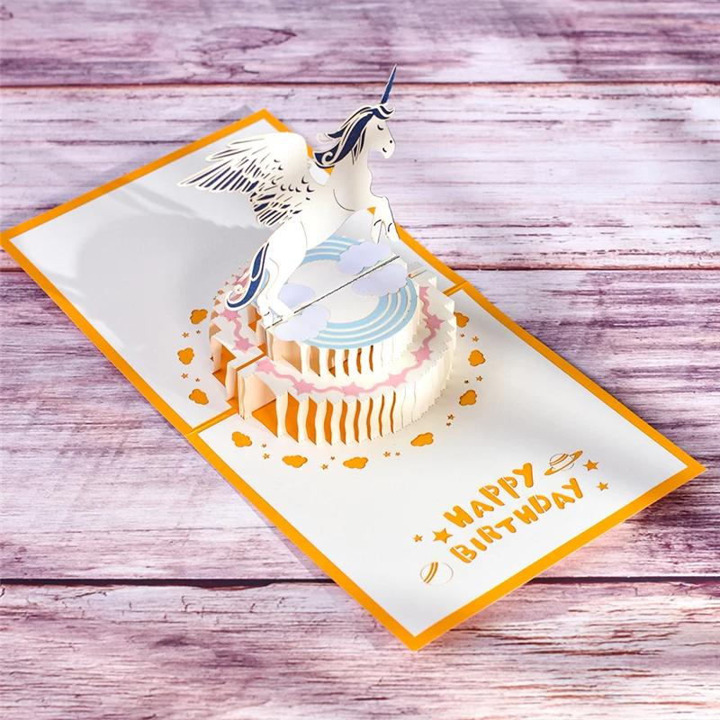 Magic Pop Up Birthday Card for Kids 3D Happy Greeting Unicorn Yellow 15x15cm with an envelope