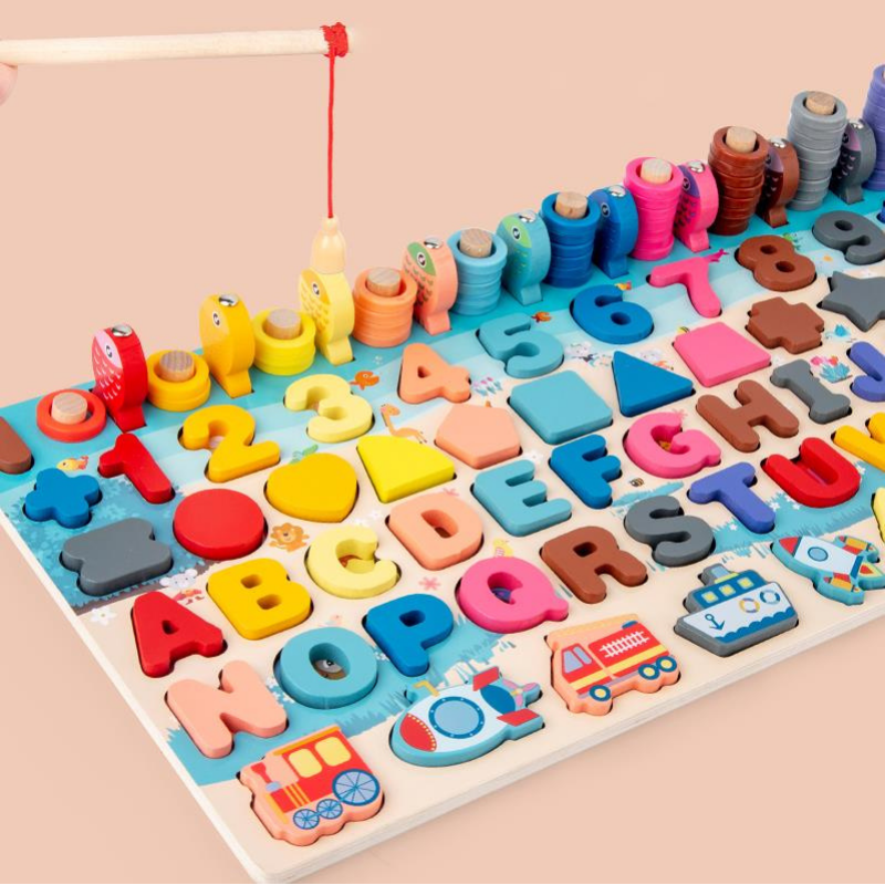 7 in 1 Montessori Educational Wooden Puzzle Board Stacking Blocks Counting Math Fishing Game Montessori Toy