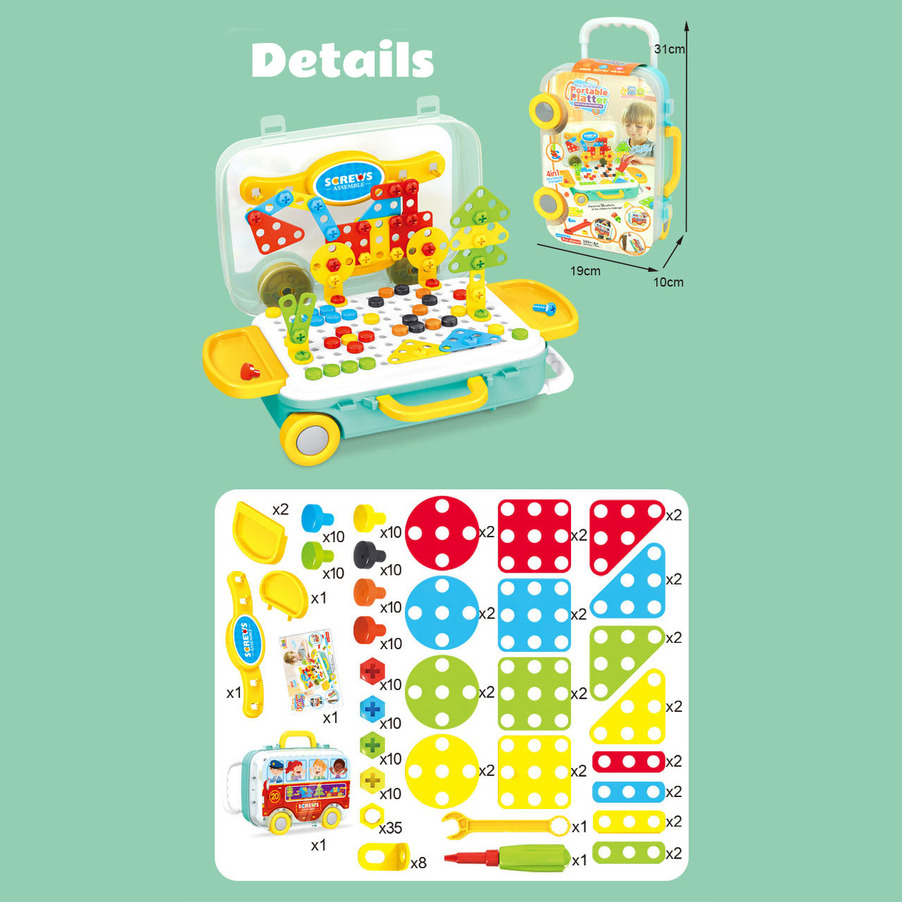 183pcs Creative STEM Mosaic Building Blocks Bricks Peg Spanner Screwdriver Assemble Toy Set Suitcase