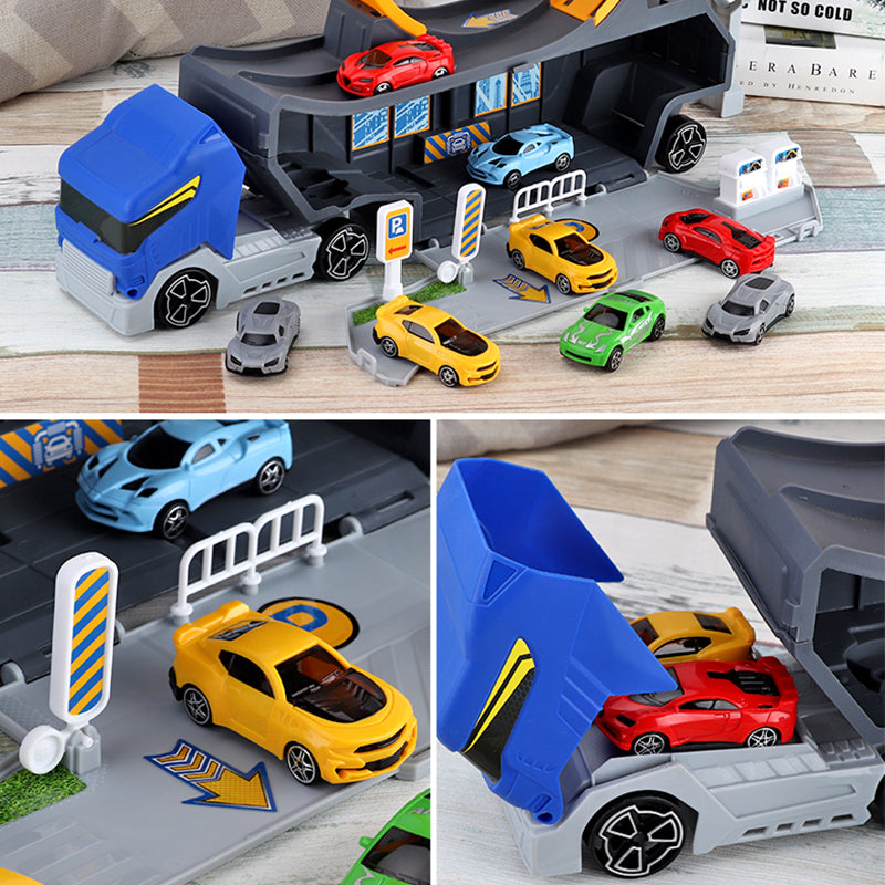 Container Truck Race Car Track Set Circular Runway with Mini Cars Kids Toy Gift