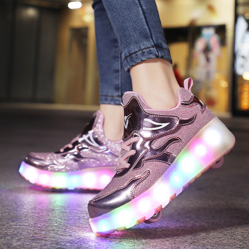 Roller Skate Sneaker Double Wheeled Rechargeable LED Flash Light Roller Shoes For Kids  E67 Pink