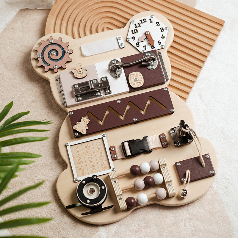 Bear Shape Baby Early Education Busy Board Wooden Toy Montessori Toy Baby Sensory Activity Board