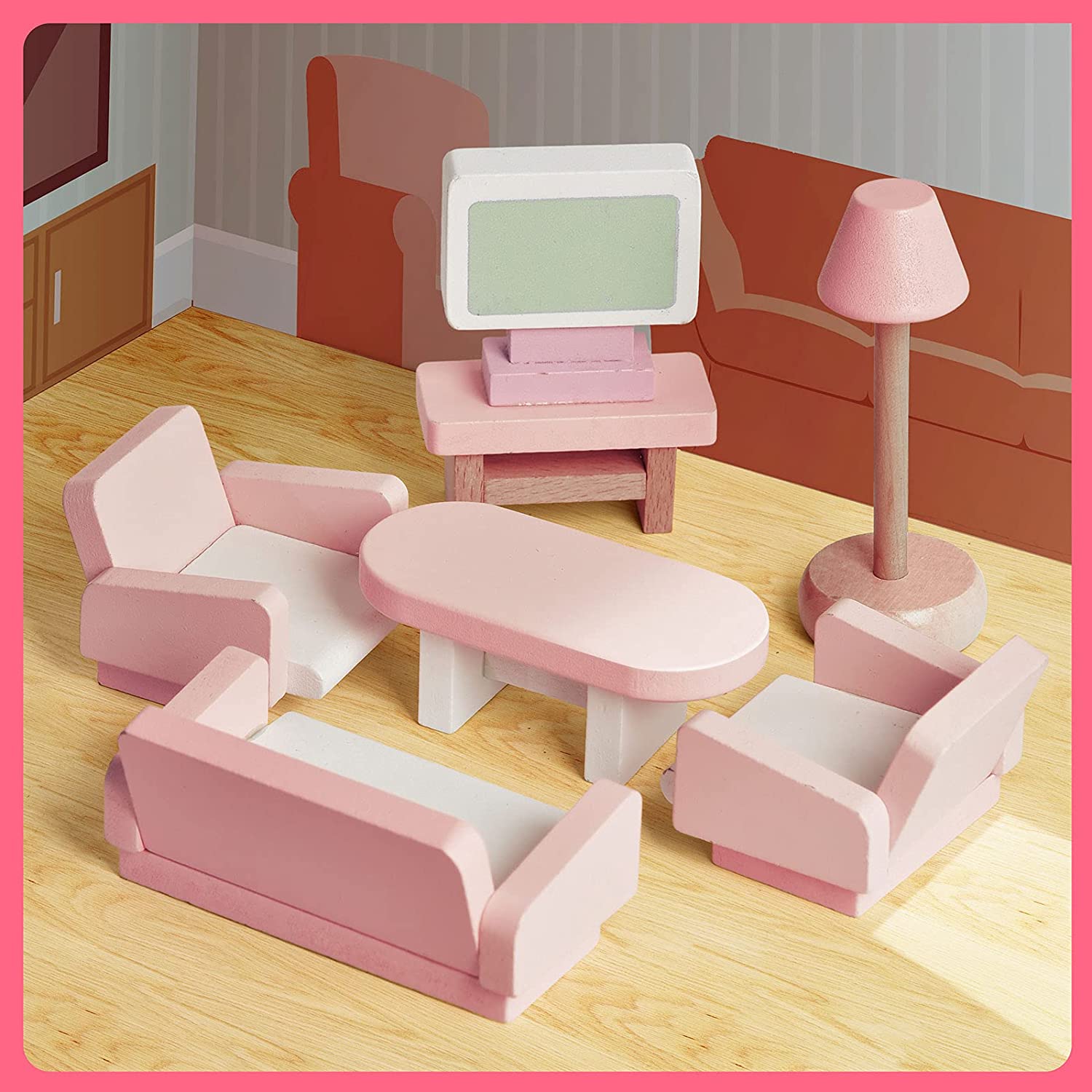 22PCS Pink Dolls House Furniture Wooden Pretend Play Set For Kids Toys Gift