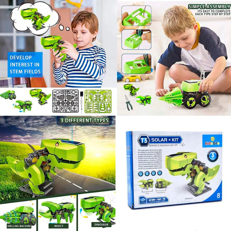 3 In 1 DIY Science Solar Power Energy System Robot Kit Solar Powered T-Rex Ground Drill Truck Beetle STEM Learning Kids Toy