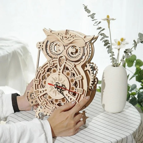 Robotime 3D DIY Wooden Puzzle Mechanical Gear Drive Pendulum Owl Clock LK503