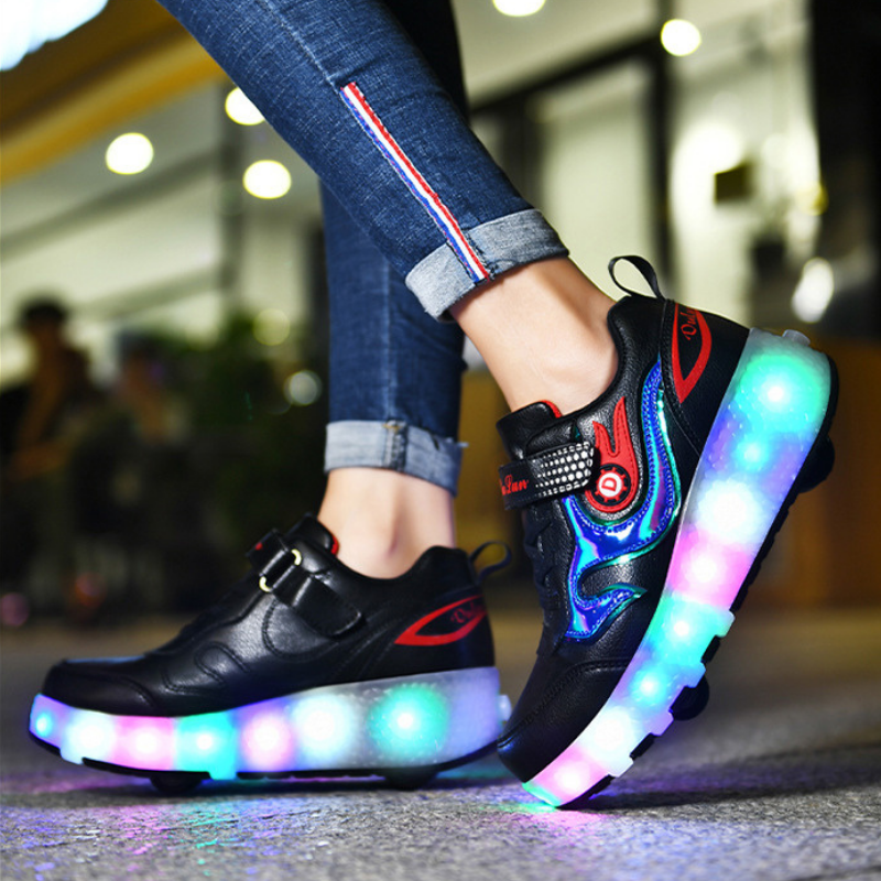 Roller Skate Sneaker Double Wheeled Rechargeable LED Flash Light Roller Shoes For Kids  E66 Black