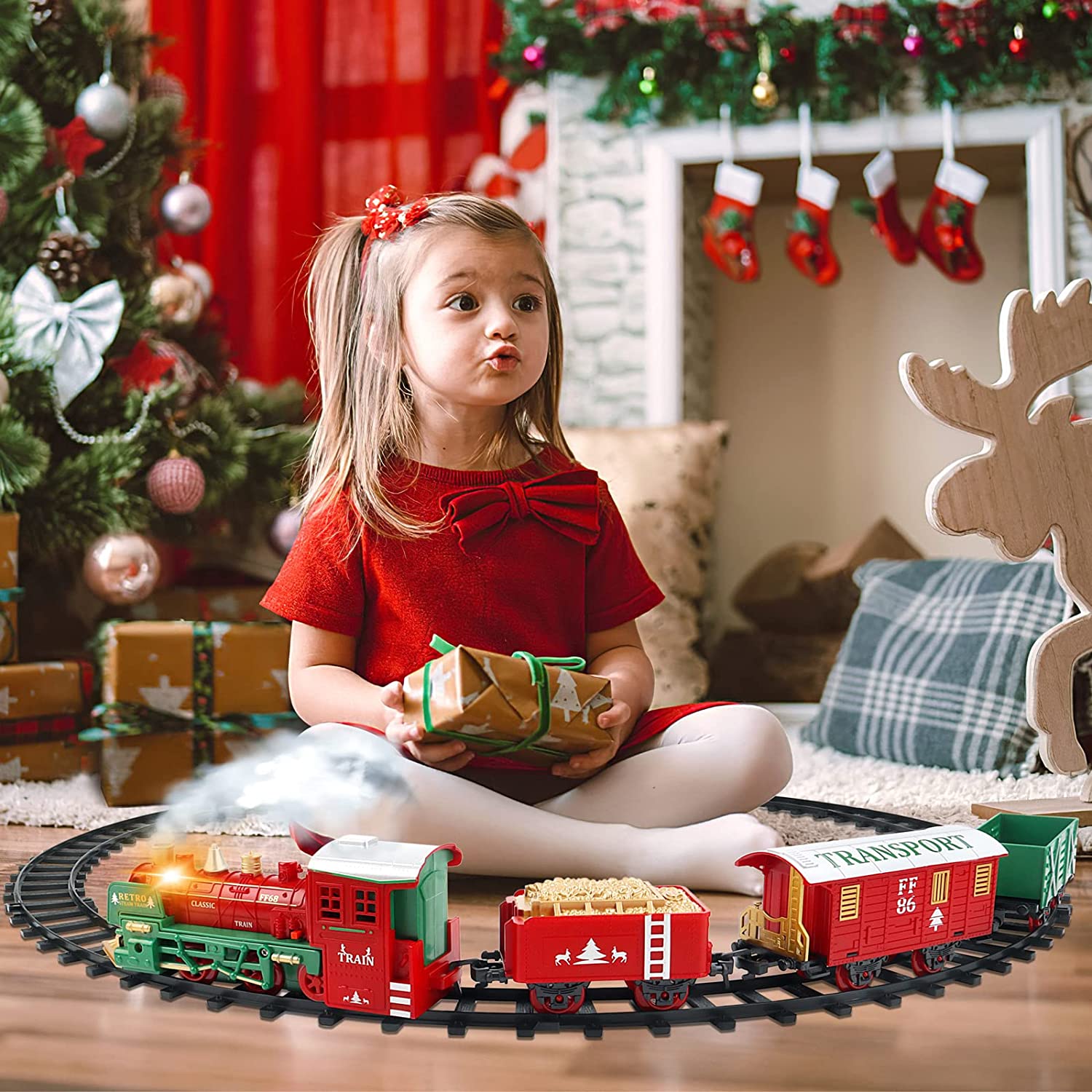 Delux Christmas Steam Train Set for Kids with Light & Sounds Smoke Effect 27 Track Electric Train Set Great Accessory for Kids Gift