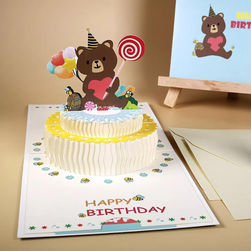 Magic Pop Up Birthday Card 3D Happy Greeting Bear 15x15cm with an envelope