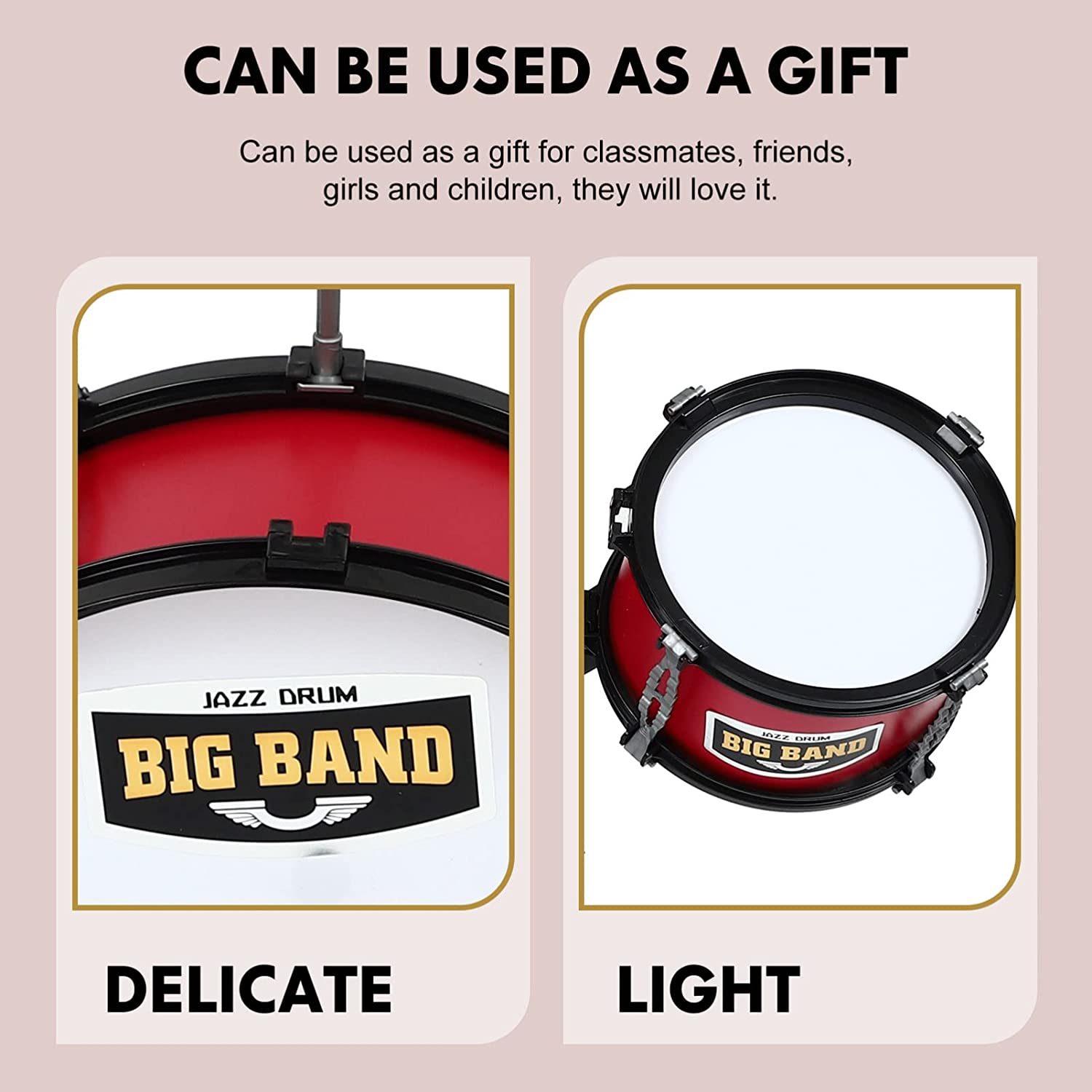 Jazz Drum Set Small Plastic Drum Set Toy Early Educational Music Instruments for Kids - Rose Red