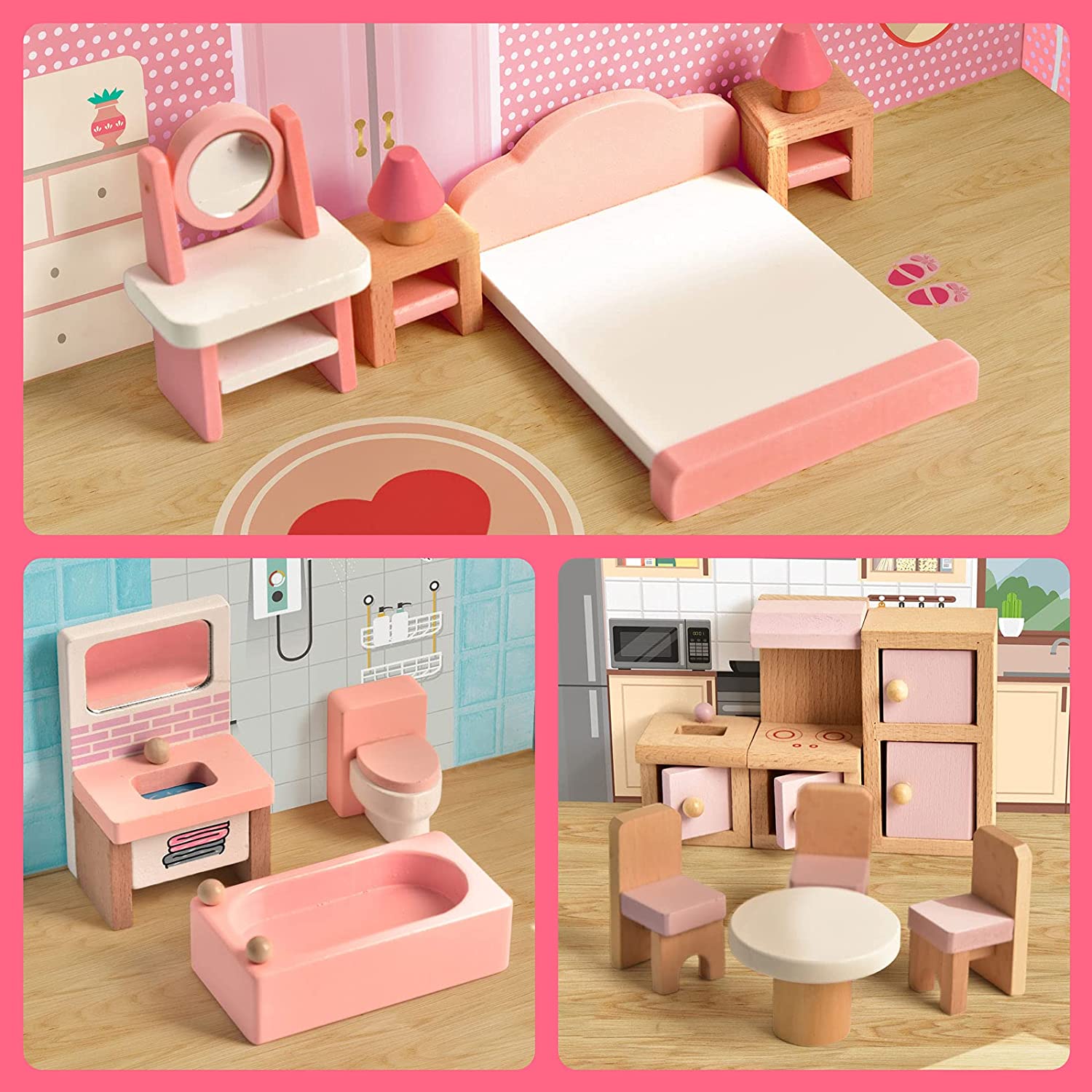 22PCS Pink Dolls House Furniture Wooden Pretend Play Set For Kids Toys Gift