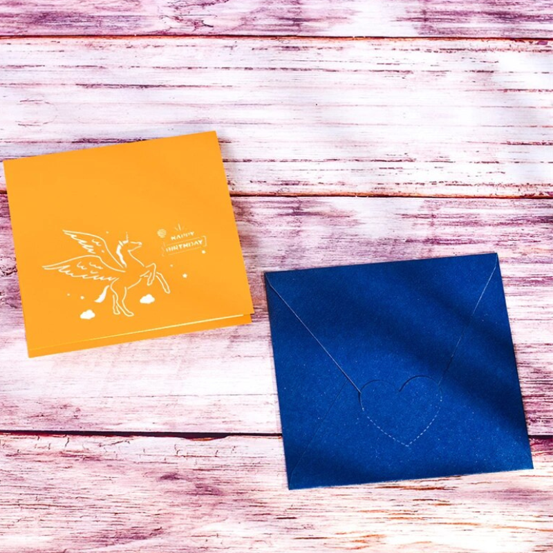Magic Pop Up Birthday Card for Kids 3D Happy Greeting Unicorn Yellow 15x15cm with an envelope