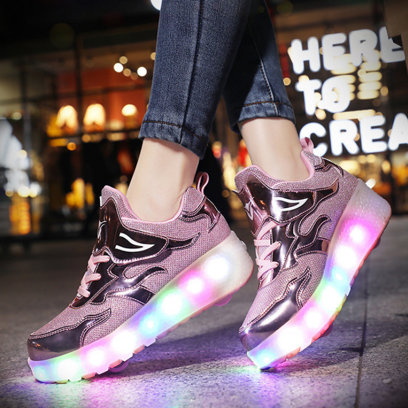 Roller Skate Sneaker Double Wheeled Rechargeable LED Flash Light Roller Shoes For Kids  E67 Pink