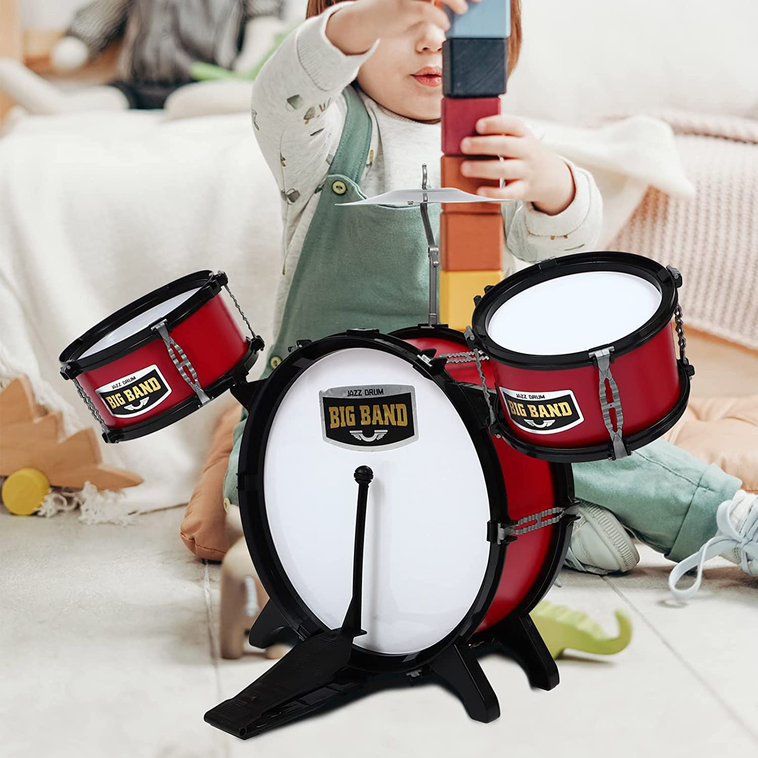 Jazz Drum Set Small Plastic Drum Set Toy Early Educational Music Instruments for Kids - Rose Red