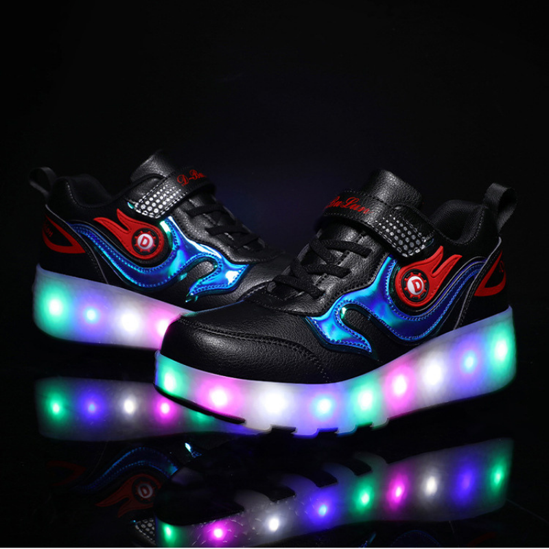 Roller Skate Sneaker Double Wheeled Rechargeable LED Flash Light Roller Shoes For Kids  E66 Black