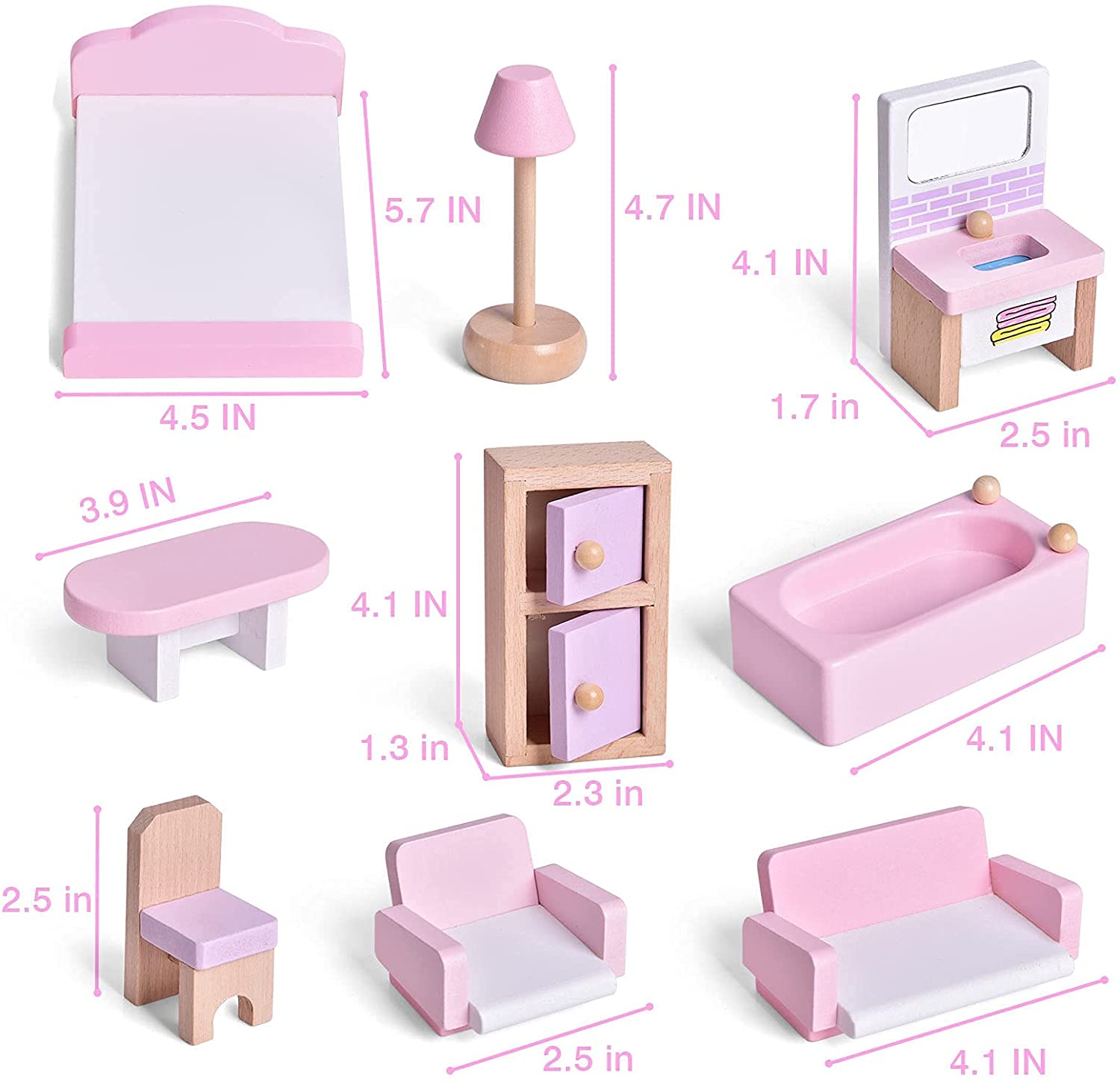 22PCS Pink Dolls House Furniture Wooden Pretend Play Set For Kids Toys Gift