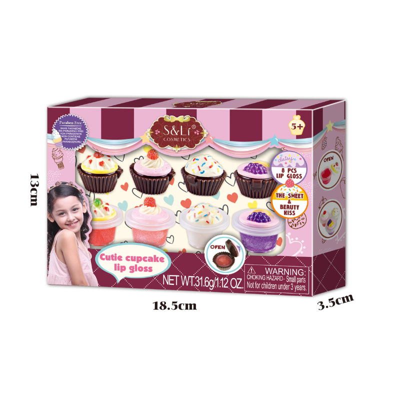 Kid Girls Lip Gloss Set 8 Cupcake Style Kids Safe Cosmetic Pretend Play Kit Princess Toy