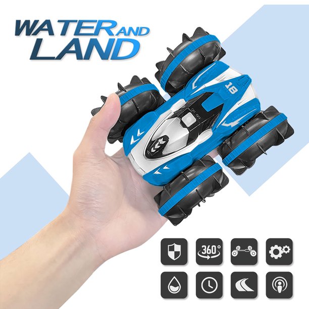 2.4GHz Double Sided 360 Degree Rotating RC Stunt Car Waterproof Land and Water Remote Control Car Gift Toy Blue