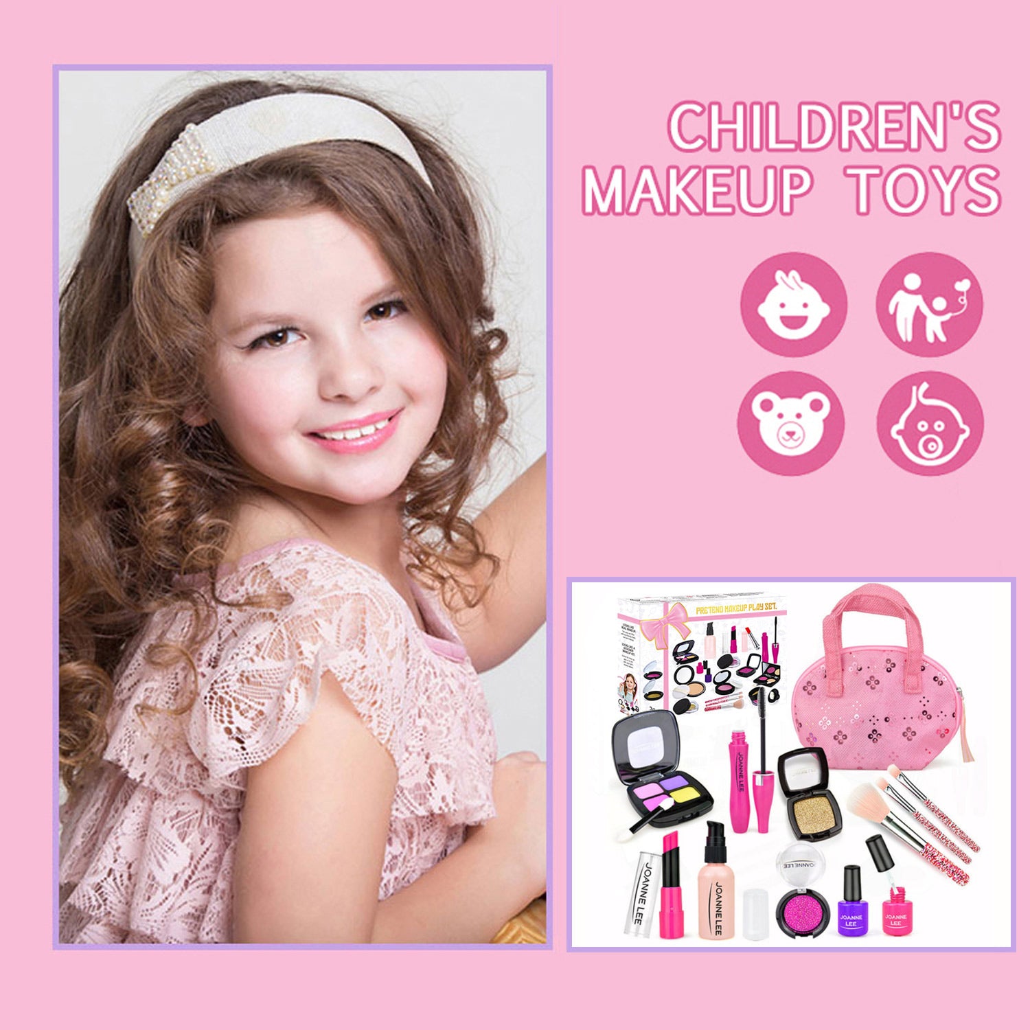 Kid Girls Makeup Set tool Eco-friendly Cosmetic Pretend Play Kit Princess Toy Pink Bag