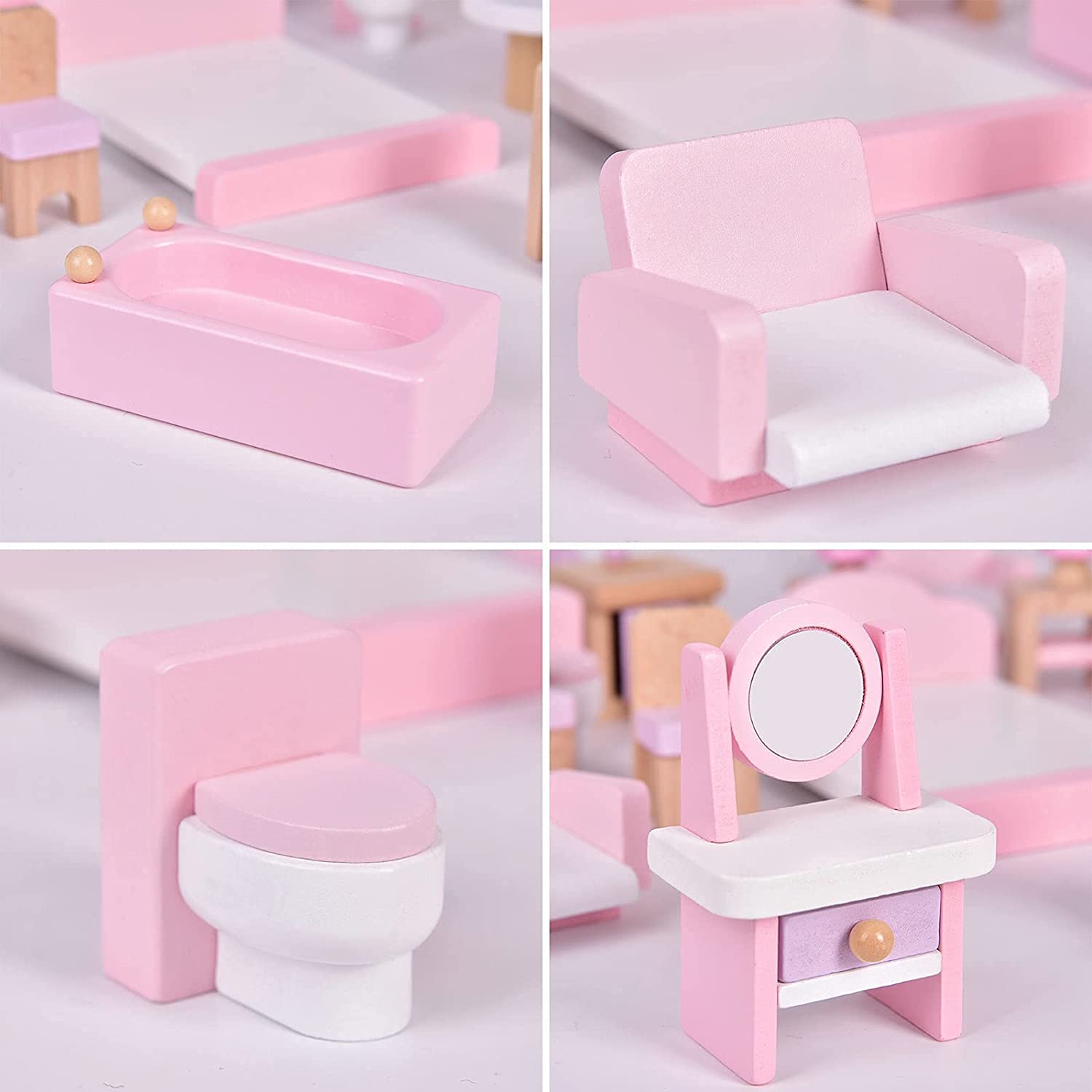 22PCS Pink Dolls House Furniture Wooden Pretend Play Set For Kids Toys Gift