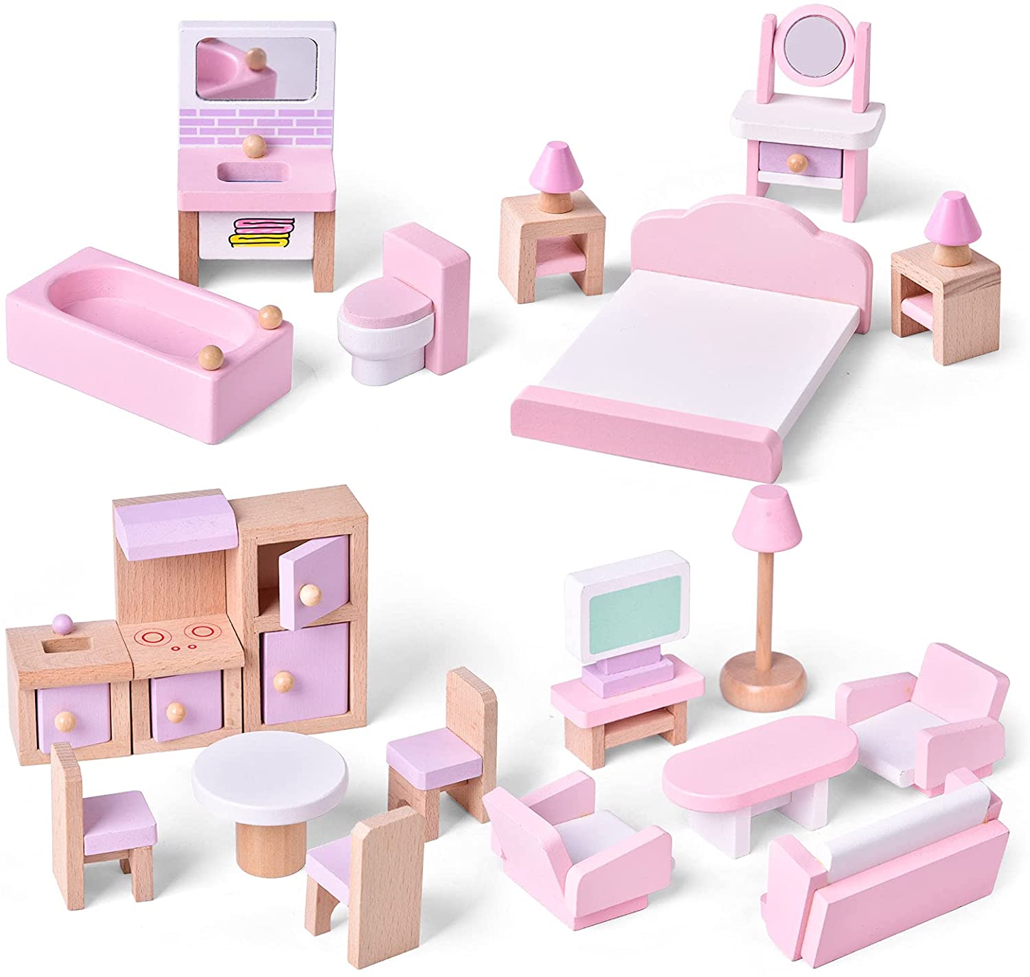 22PCS Pink Dolls House Furniture Wooden Pretend Play Set For Kids Toys Gift