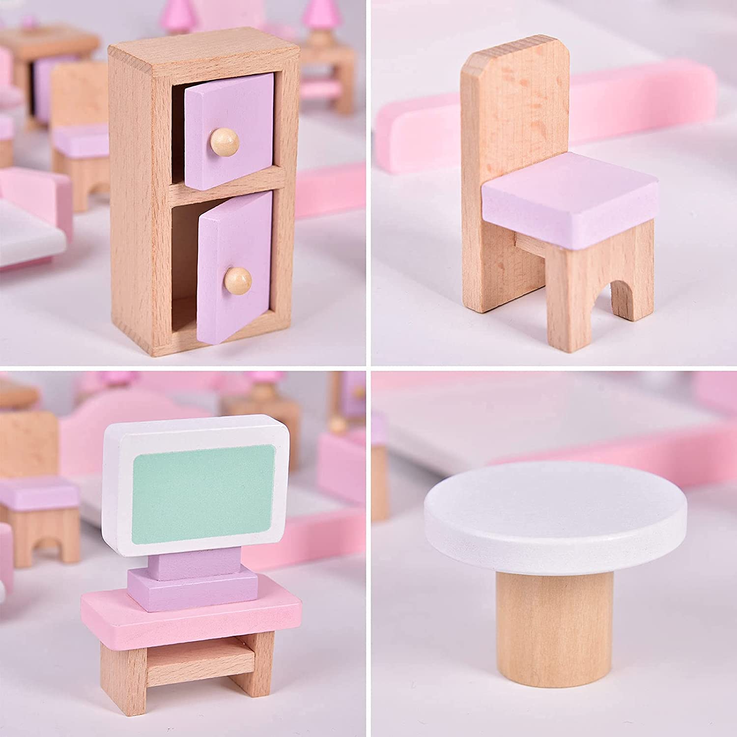 22PCS Pink Dolls House Furniture Wooden Pretend Play Set For Kids Toys Gift