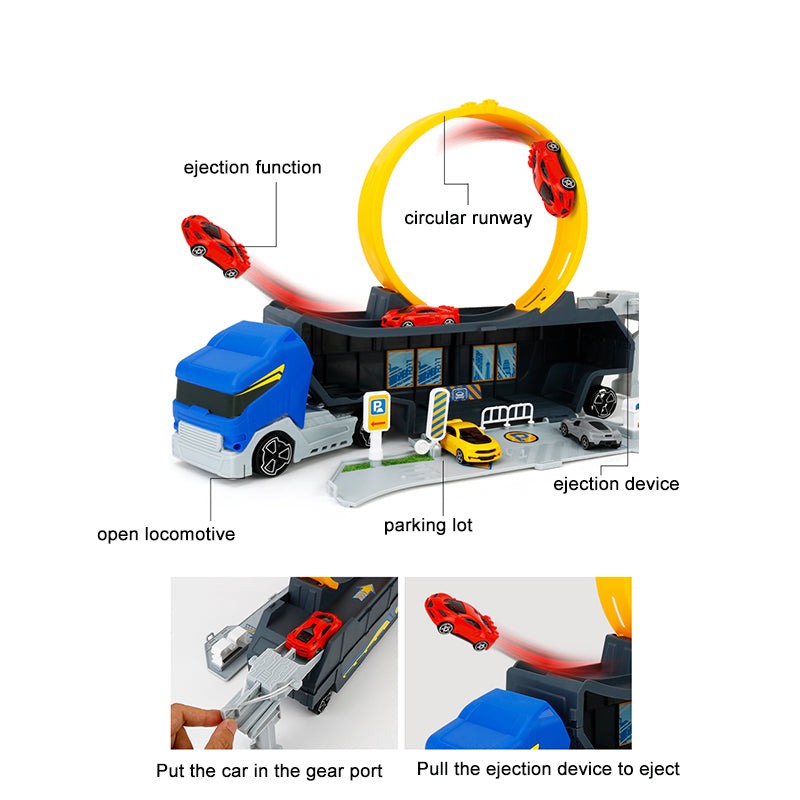 Container Truck Race Car Track Set Circular Runway with Mini Cars Kids Toy Gift