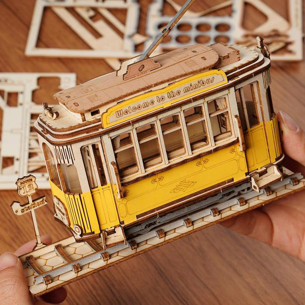 Robotime Rolife Vintage Retro Tramcar Modern DIY 3D Wooden Puzzle Model Kit Toy TG505