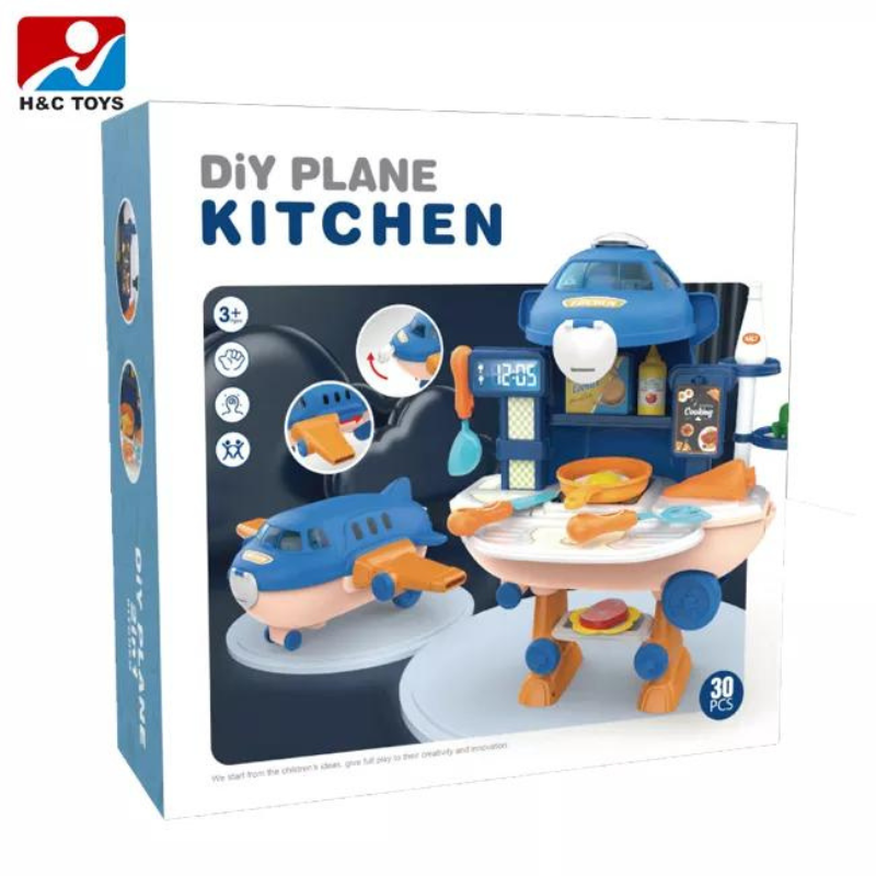 30pcs 2-in-1 Plane Pretend Play Big Kitchen Stove Food Cooking Set Children Education Play House Toys Kids Gift