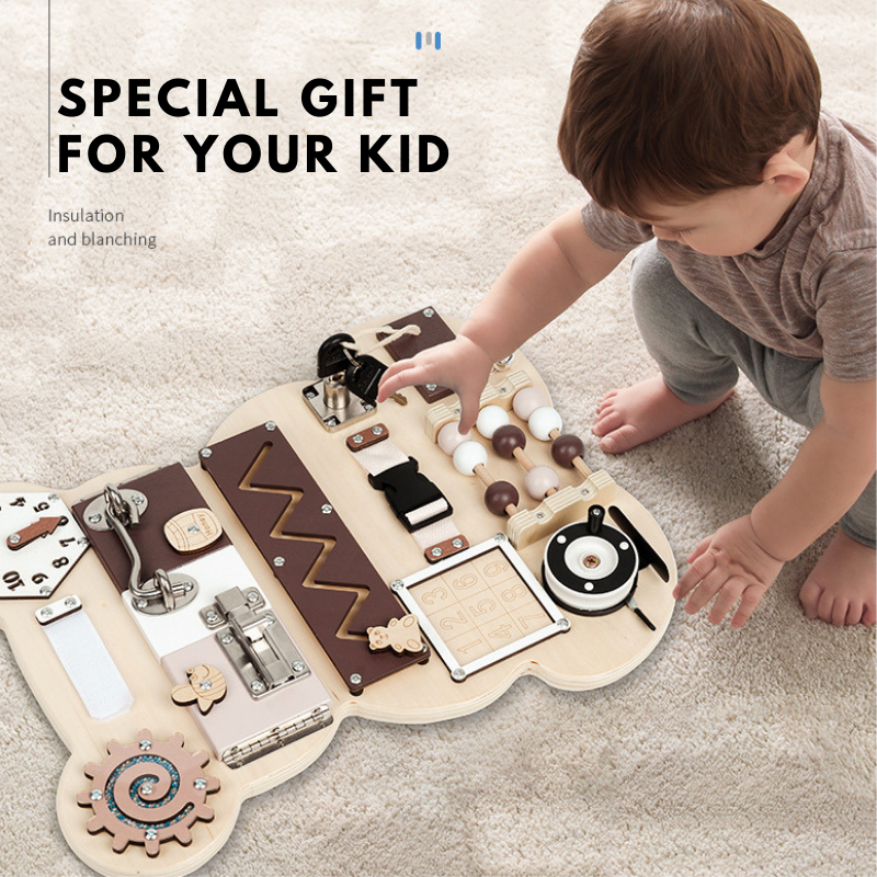 Bear Shape Baby Early Education Busy Board Wooden Toy Montessori Toy Baby Sensory Activity Board