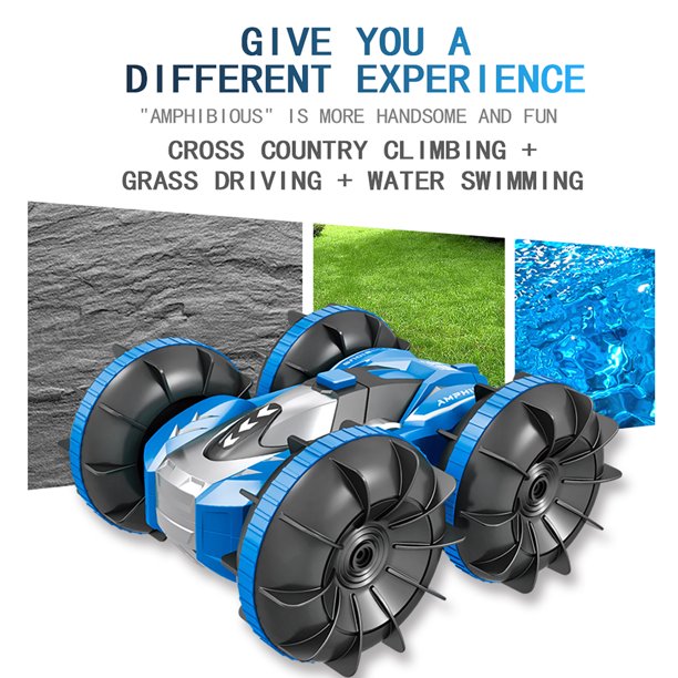 2.4GHz Double Sided 360 Degree Rotating RC Stunt Car Waterproof Land and Water Remote Control Car Gift Toy Blue