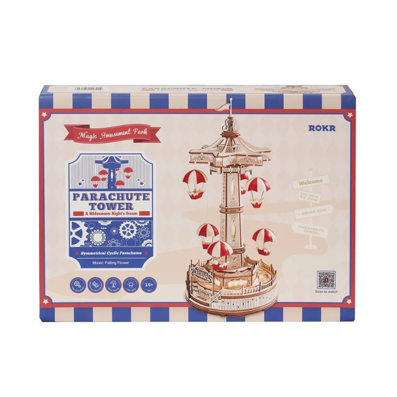 Robotime ROKR Parachute Tower DIY Music Box 3D Wooden Puzzle Magic Amusement Park Series Funny Toy for Kids EA01