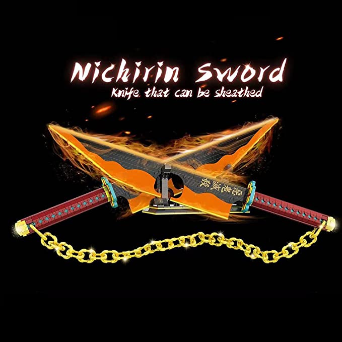 Demon 1507 1478Pcs Slayer Sword Double Blade Tengen Uzui Sword Building Block with Stand Handmade Cosplay Toy Nichirin Sword Yamato Knife Anime Weapon Model Boy Gifts