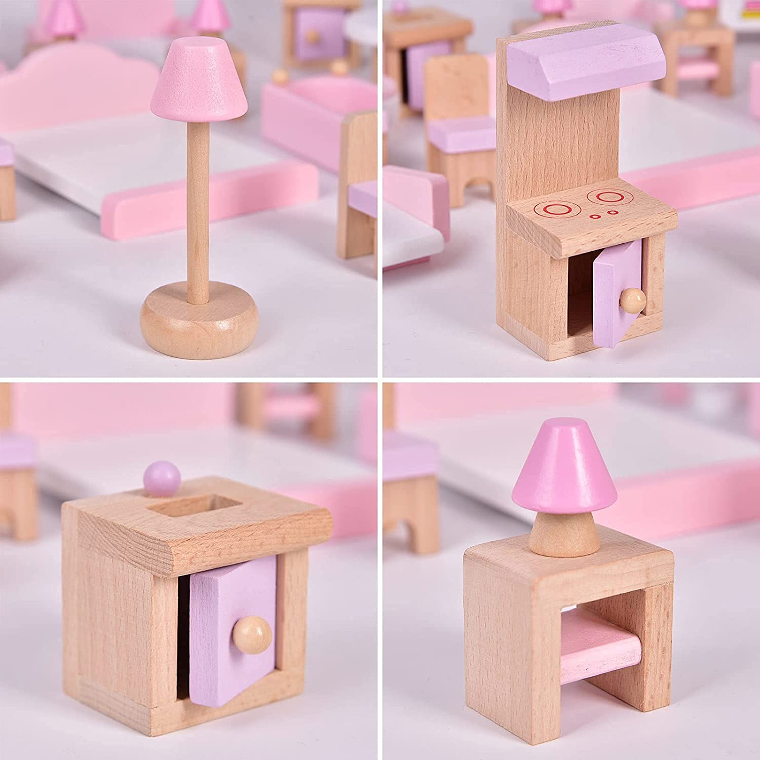 22PCS Pink Dolls House Furniture Wooden Pretend Play Set For Kids Toys Gift