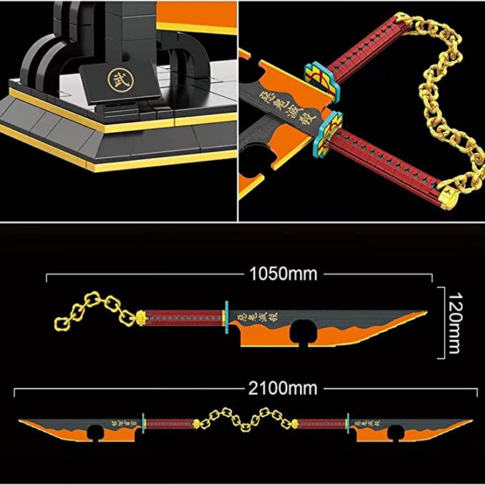 Demon 1507 1478Pcs Slayer Sword Double Blade Tengen Uzui Sword Building Block with Stand Handmade Cosplay Toy Nichirin Sword Yamato Knife Anime Weapon Model Boy Gifts