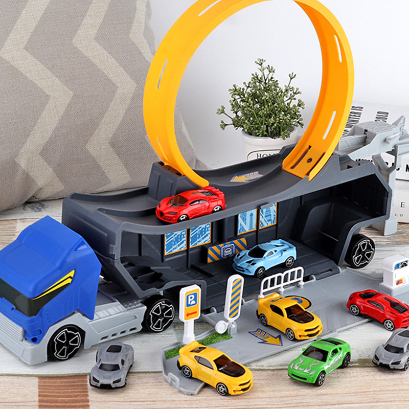 Container Truck Race Car Track Set Circular Runway with Mini Cars Kids Toy Gift
