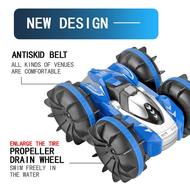 2.4GHz Double Sided 360 Degree Rotating RC Stunt Car Waterproof Land and Water Remote Control Car Gift Toy Blue