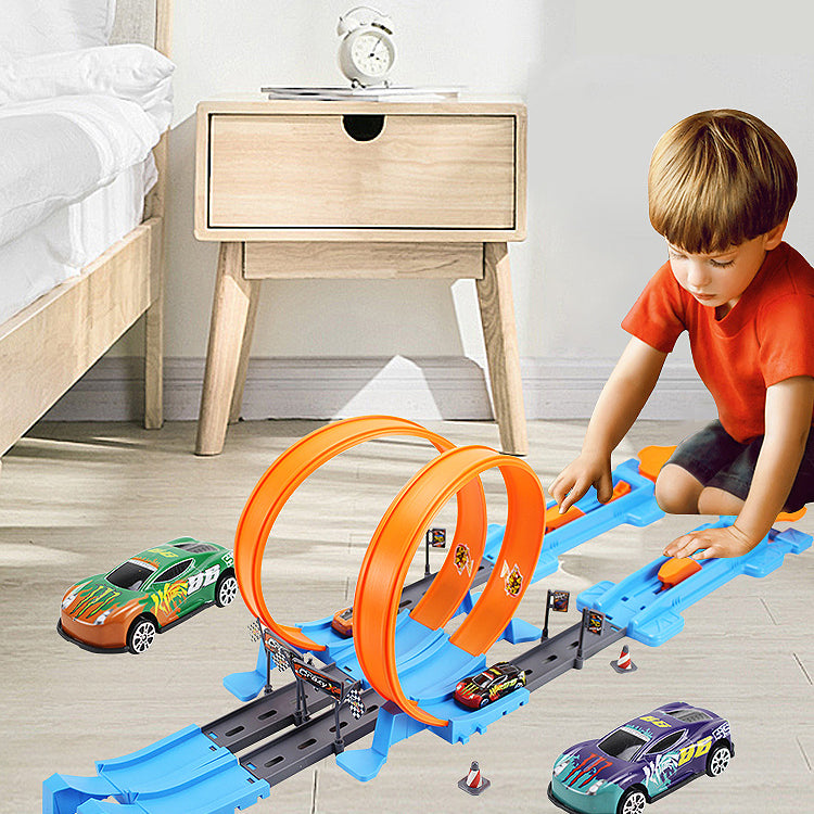 Hot Double Wheels Loop Dash Drag Racing Track Playset 4 Vehicles Race Toy 3in1