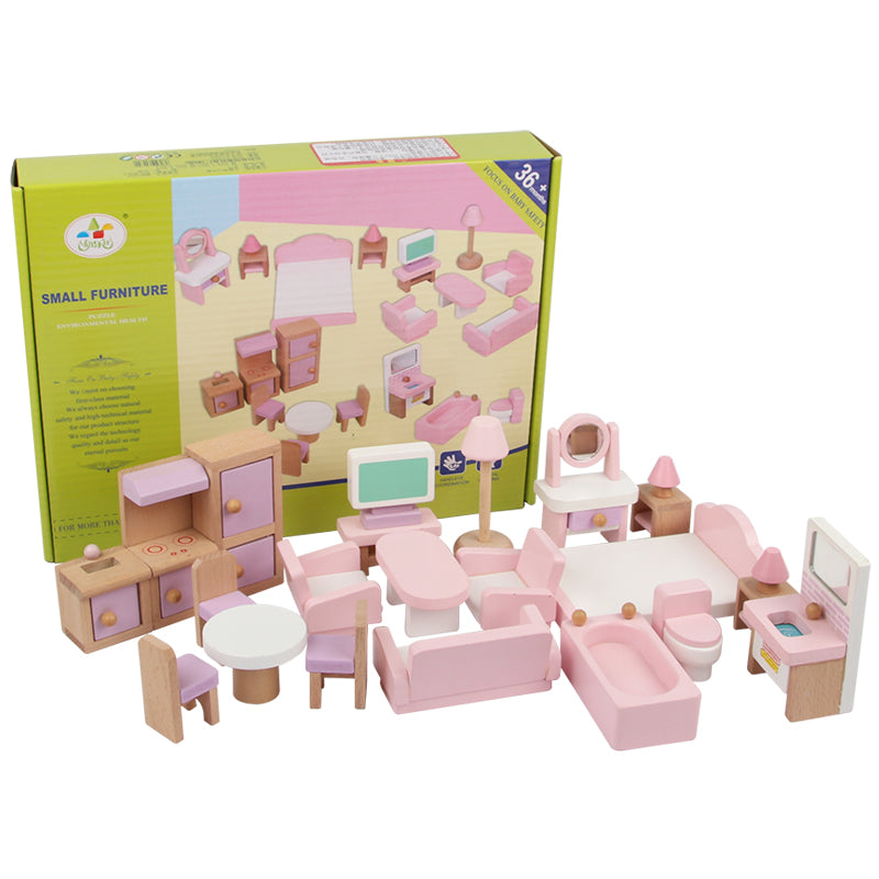 22PCS Pink Dolls House Furniture Wooden Pretend Play Set For Kids Toys Gift