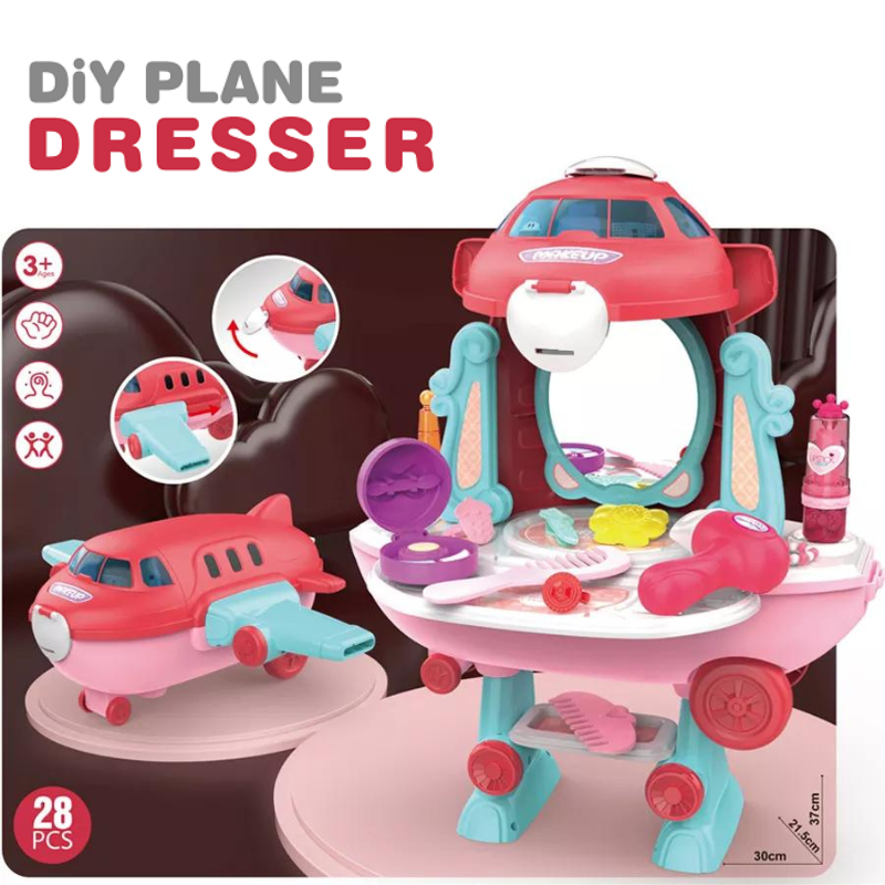 28pcs 2-in-1 Plane Pretend Dresser Makeup Table Children Education Play House Toys Kids Gift