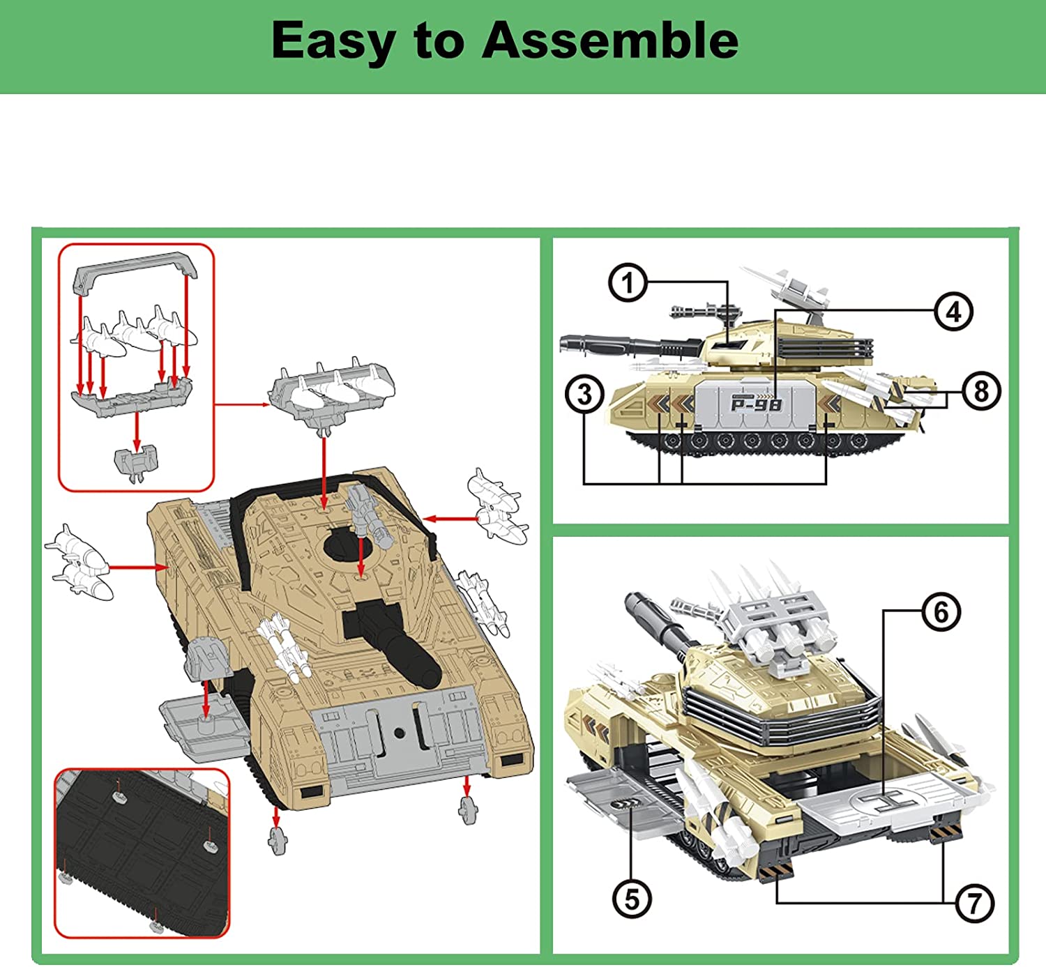 Battle Tank Toy With Realistic Rotating Turret Military Vehicles Sets With 6 Mini Cars 1 Mini Plane