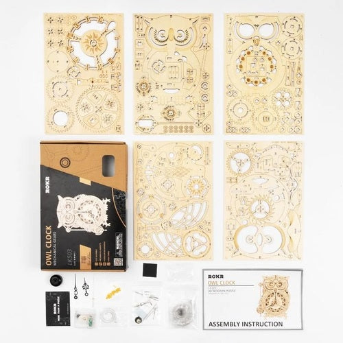 Robotime 3D DIY Wooden Puzzle Mechanical Gear Drive Pendulum Owl Clock LK503