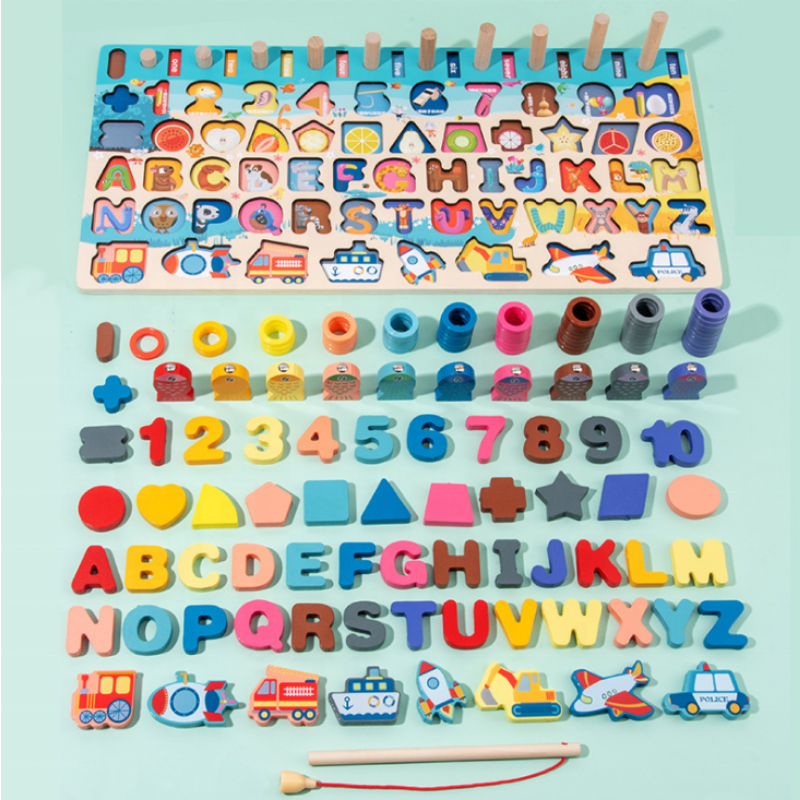 7 in 1 Montessori Educational Wooden Puzzle Board Stacking Blocks Counting Math Fishing Game Montessori Toy
