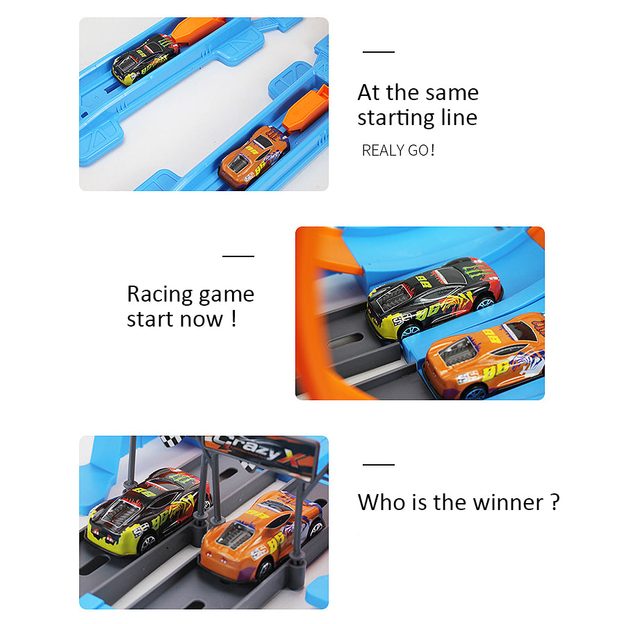 Hot Double Wheels Loop Dash Drag Racing Track Playset 4 Vehicles Race Toy 3in1