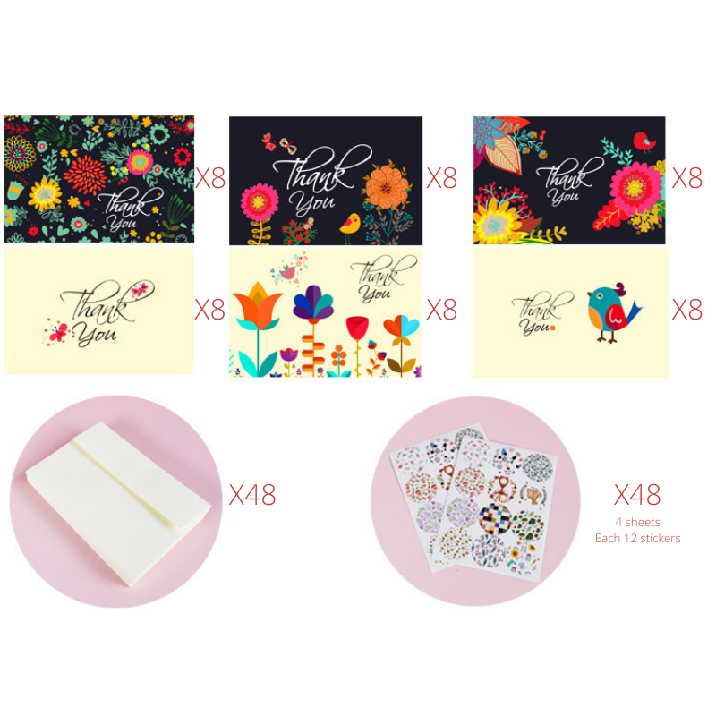 48pcs Premium Greeting Cards Thank You Cards 6 Styles Bulk Mixed Party Card Pack With Envelopes and Stickers - Flowers