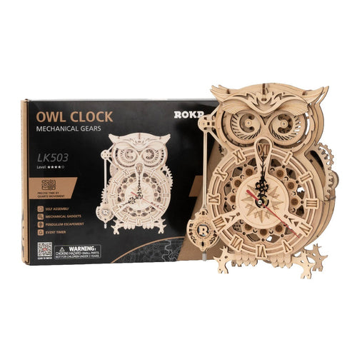 Robotime 3D DIY Wooden Puzzle Mechanical Gear Drive Pendulum Owl Clock LK503